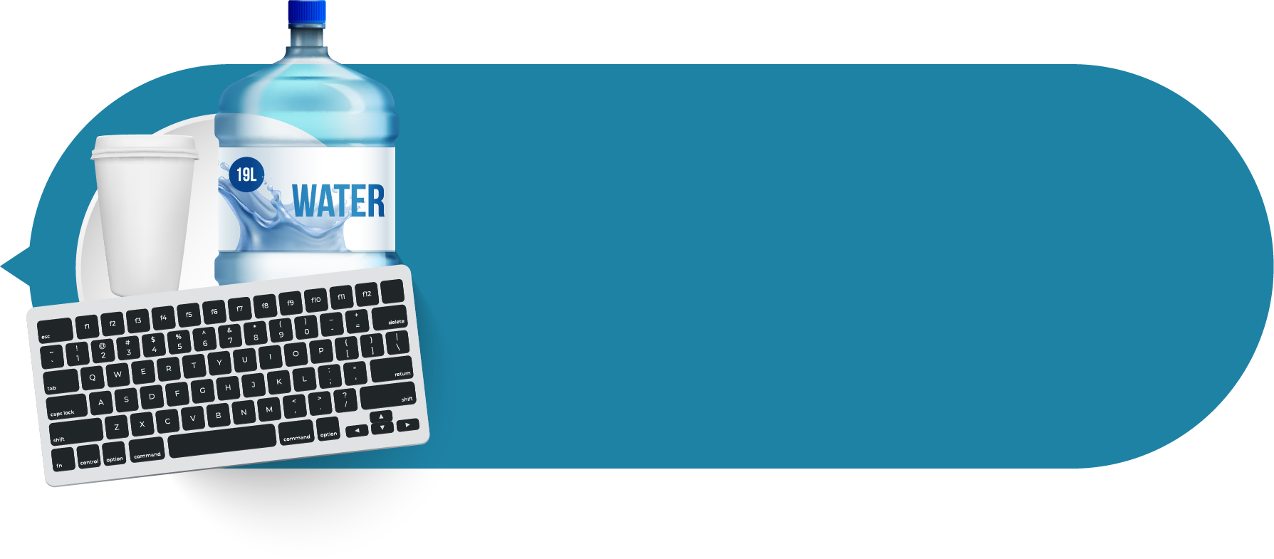 Graphic depicting keyboard, cup and water bottle