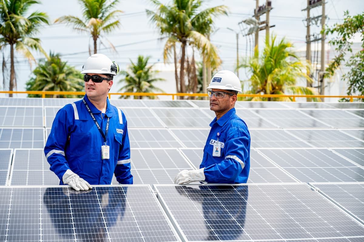 Two male employees examine solar panels
