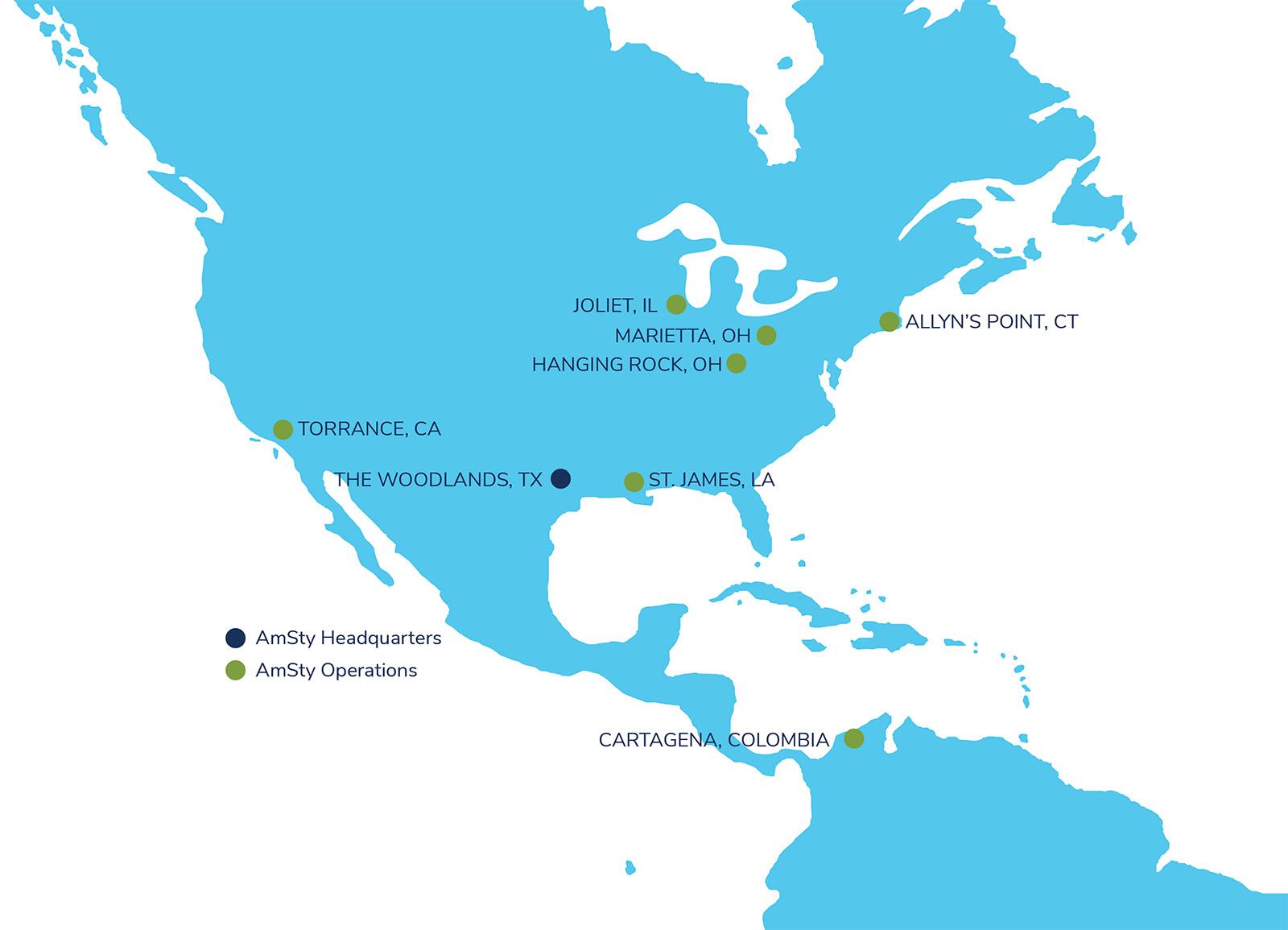 Map of AmSty locations in North and South America