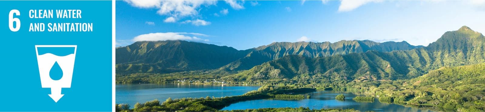 The text, "6: Clean Water and Sanitation" and an image of a view of a lake in front of a mountain range